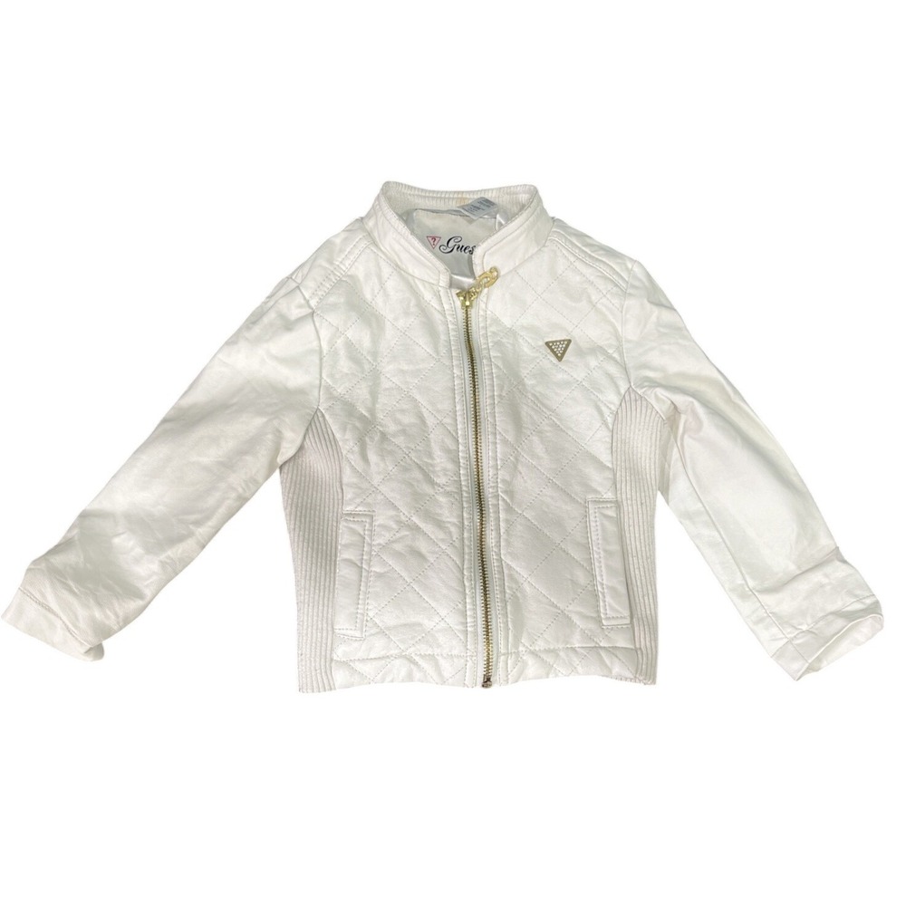 Guess Girls White Faux Leather Quilted Moto Jacket Sz 4 Rhinestone Glam Edgy‎